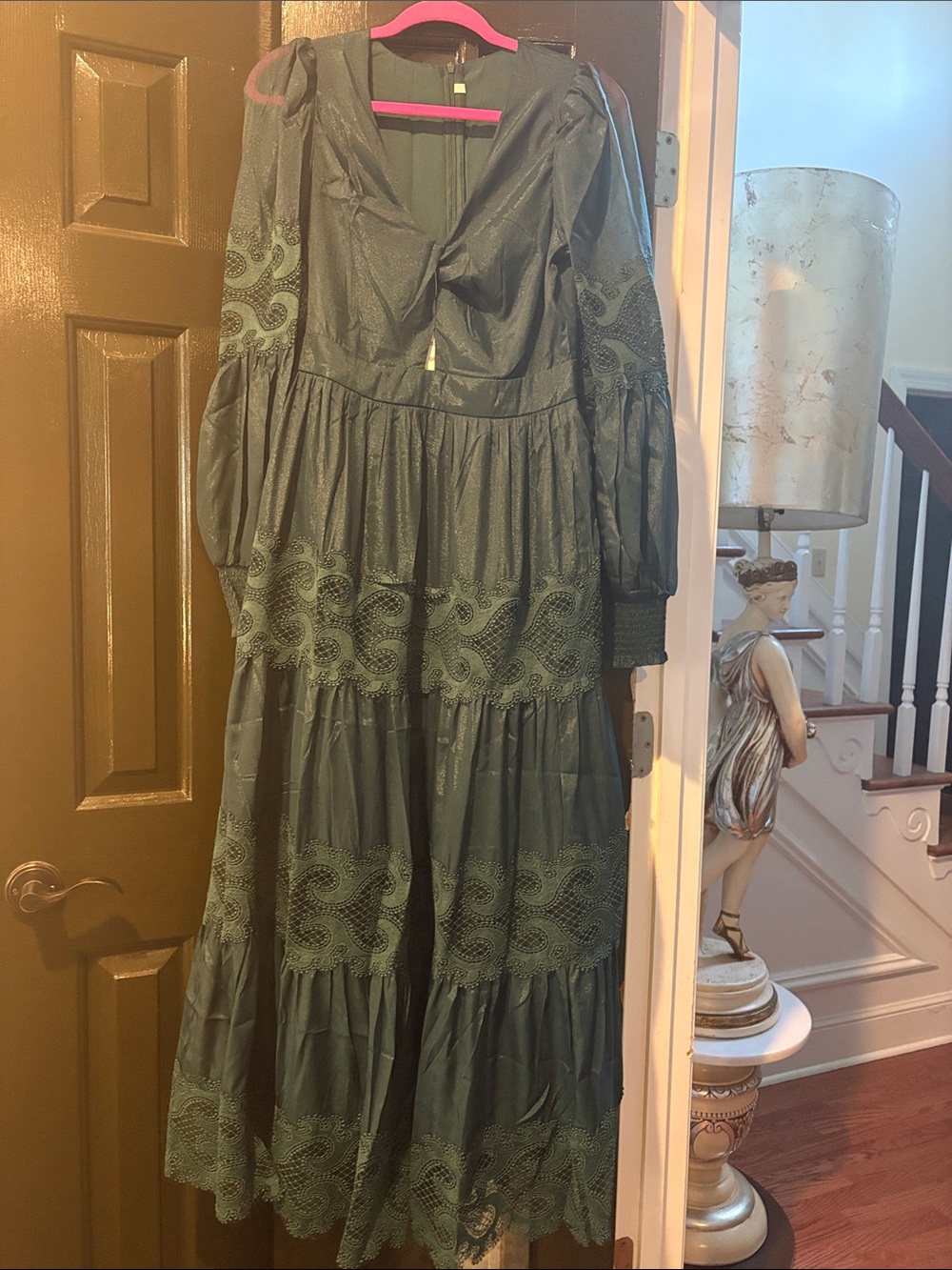 Tiered Maxi Dress with Lace Panels in Dark Green